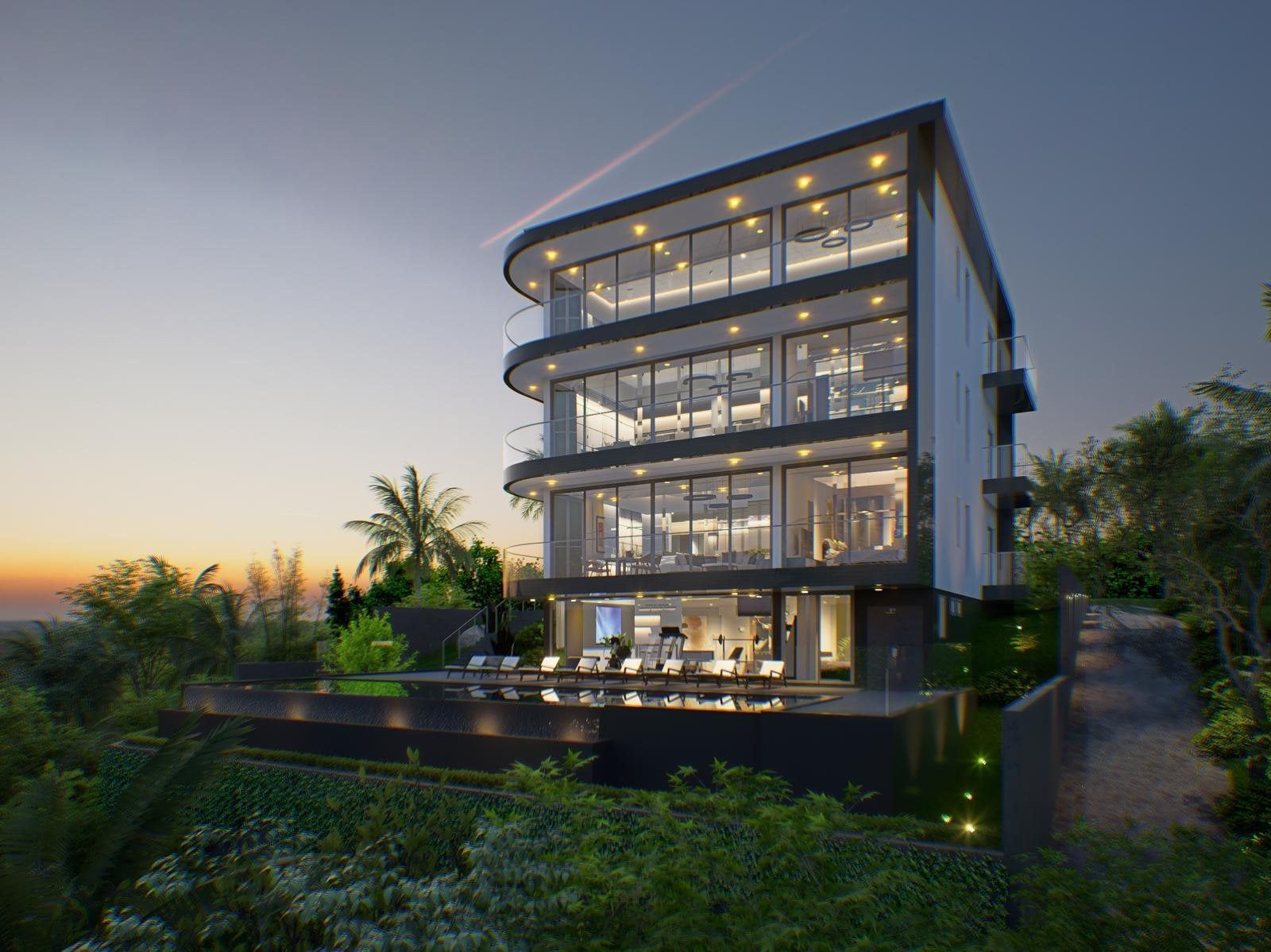 The Sunset Glass Tower on Koh Samui at dusk