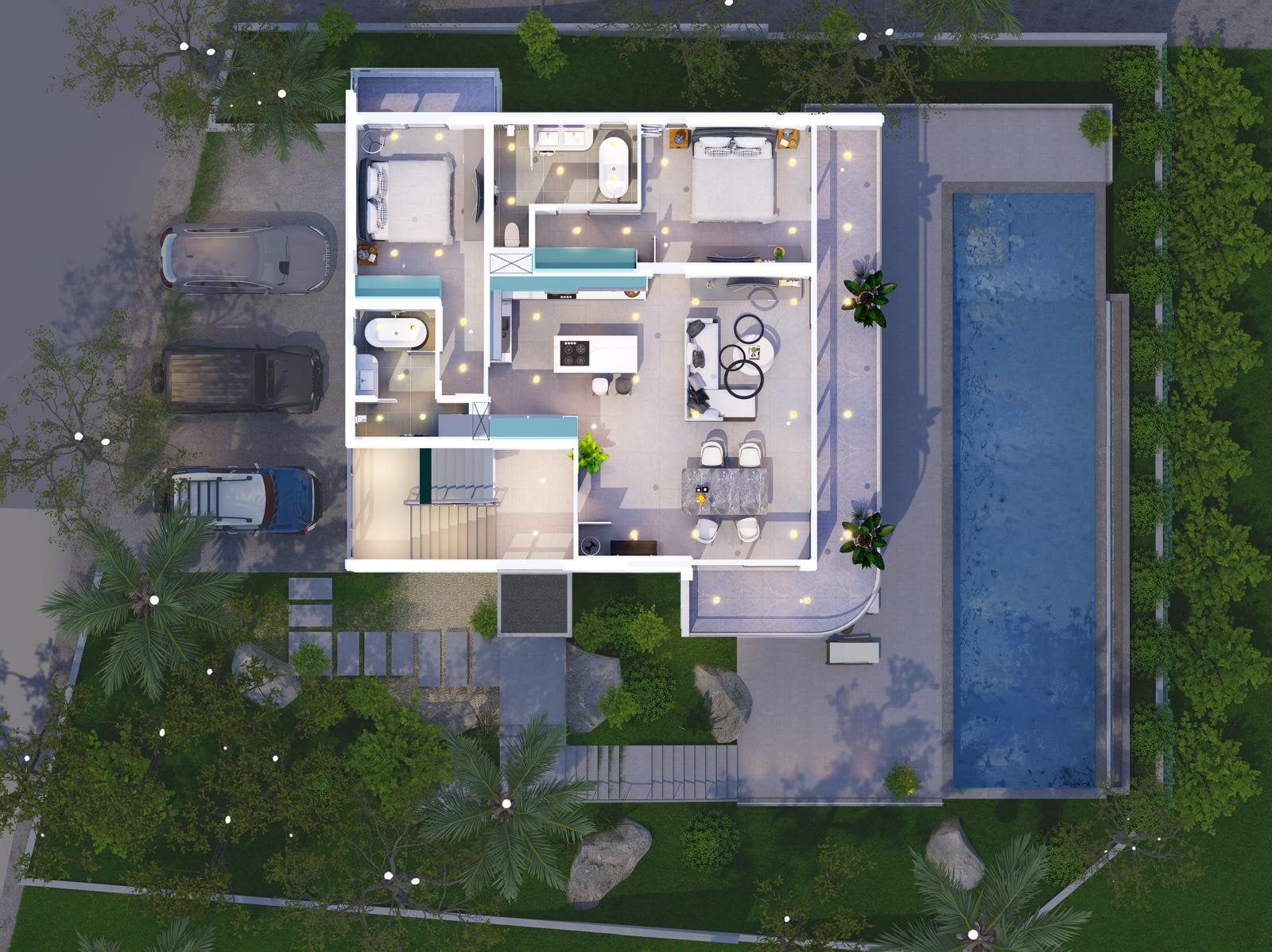 Top-down rendering of a residence floor with pool